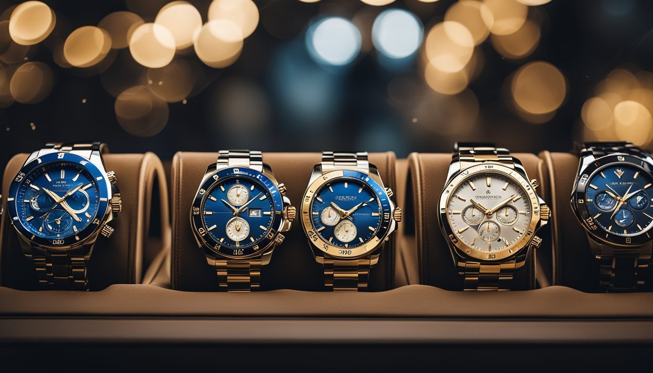 A display of top luxury watch brands in India, showcasing elegant timepieces in a sophisticated setting