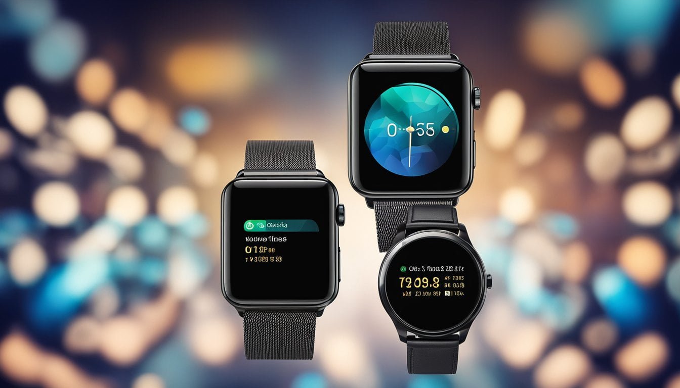 Smartwatches displayed with innovative features, sleek designs, and top brands in a modern setting