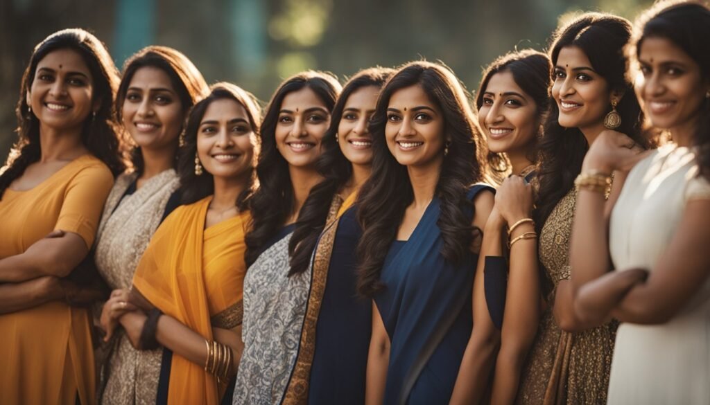 A group of diverse women stand together, exuding strength and confidence, representing the key personalities in women-centric Indian films