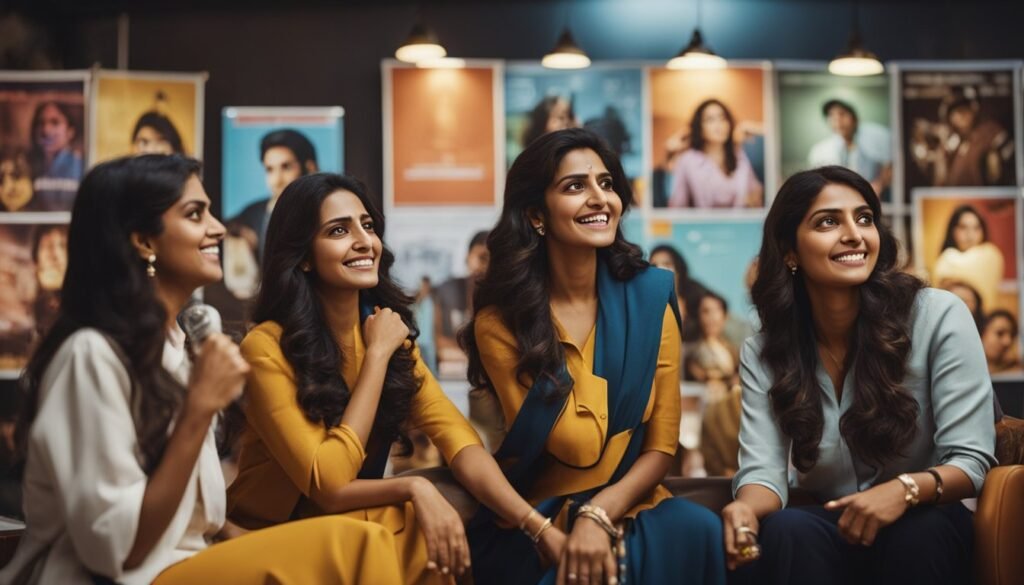 A group of women engaging in heated discussions, surrounded by posters of iconic female Indian film characters