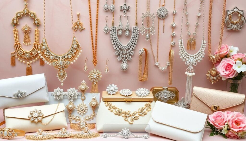 wedding jewelry, clutch bags, hair accessories