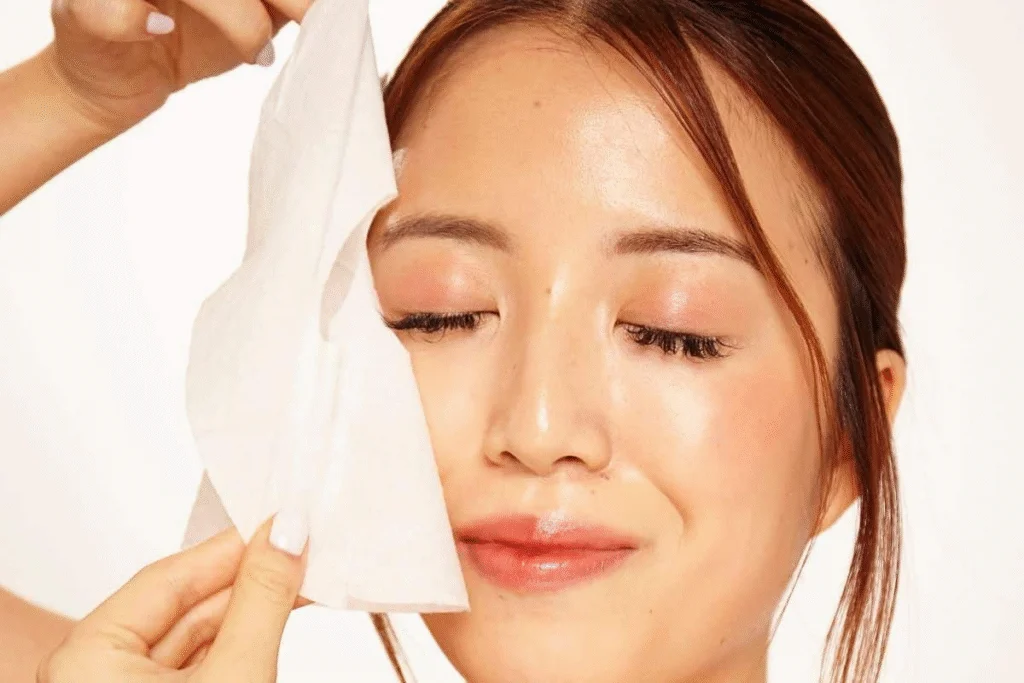 Korean Beauty Hacks for Glowing Skin: 15 Powerful K-Beauty Tips to Transform Your Skin 4 Woman applying a Korean sheet mask with closed eyes.