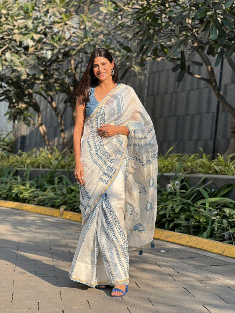 Types of Sarees Names: Saree Varieties From Across India 4 CHANDERI SAREE - Foil Printed Elephant Saree