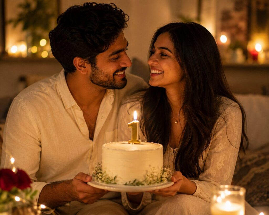 Anniversary Wishes: 250+ Heartfelt Messages, Quotes and Greetings for Every Relationship 30 Couple celebrating with 1st anniversary wishes and a first year cake
