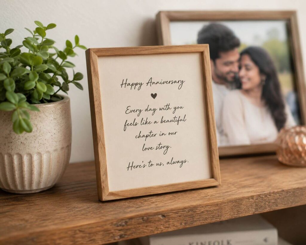 Anniversary Wishes: 250+ Heartfelt Messages, Quotes and Greetings for Every Relationship 26 Framed anniversary quotes displayed on a shelf at home