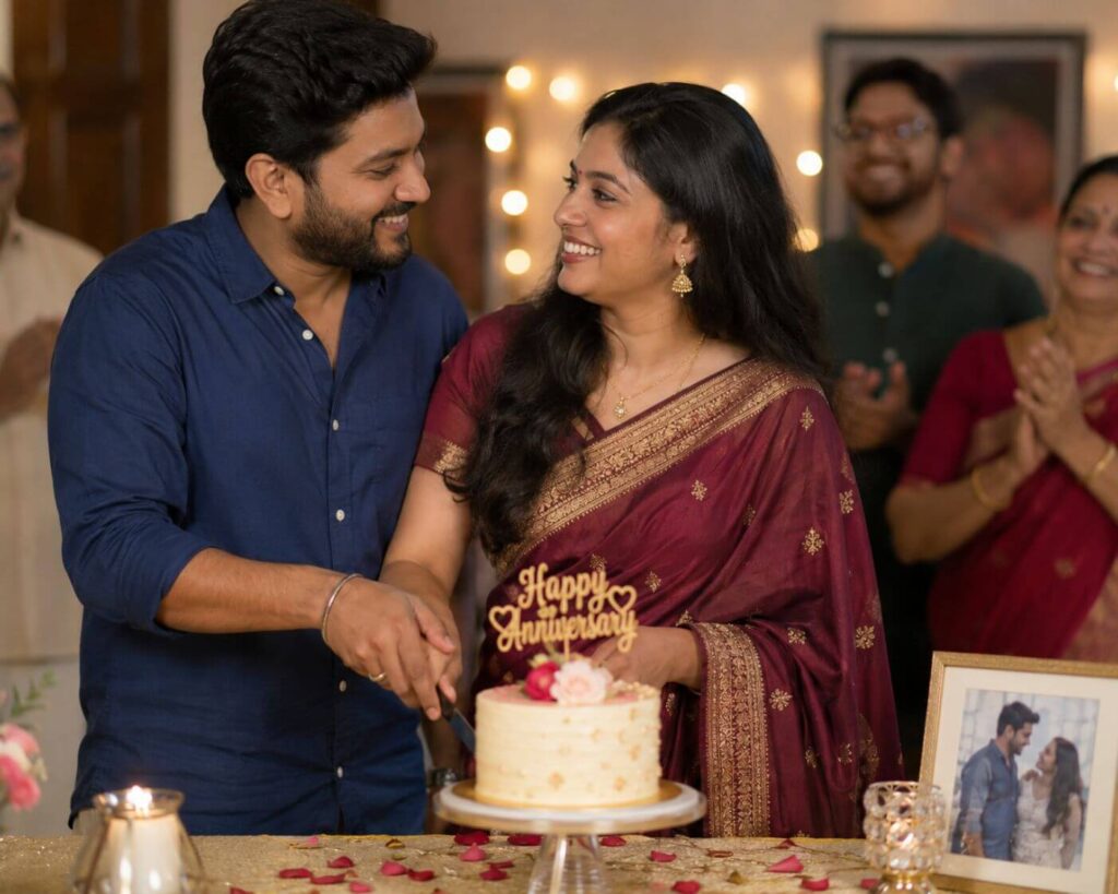 Anniversary Wishes: 250+ Heartfelt Messages, Quotes and Greetings for Every Relationship 19 Couple celebrating with anniversary wishes and a small cake at home