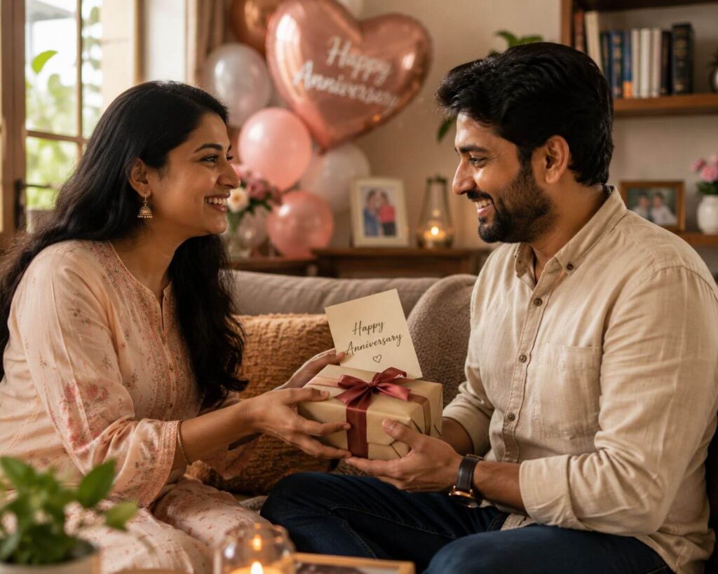 Anniversary Wishes: 250+ Heartfelt Messages, Quotes and Greetings for Every Relationship 17 Wife sharing anniversary wishes for husband with a gift and card