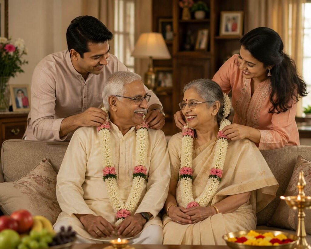 Anniversary Wishes: 250+ Heartfelt Messages, Quotes and Greetings for Every Relationship 20 Family sharing anniversary wishes for parents with flower garlands