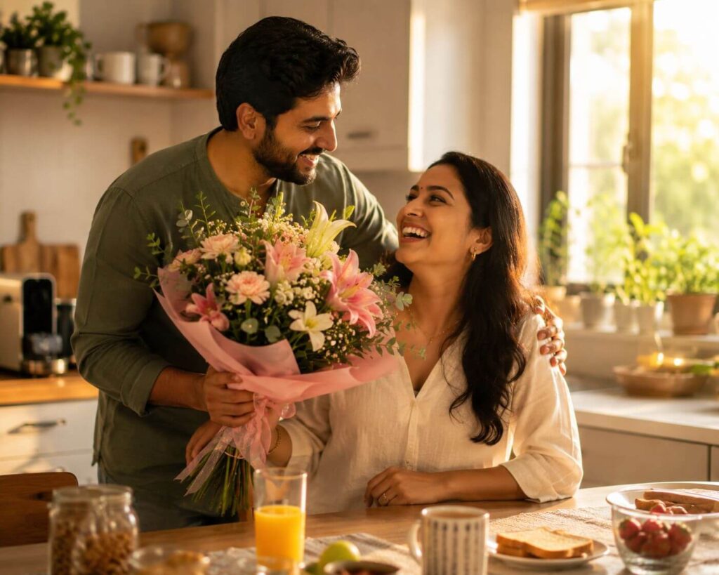 Anniversary Wishes: 250+ Heartfelt Messages, Quotes and Greetings for Every Relationship 18 Husband sharing anniversary wishes for wife with a flower surprise