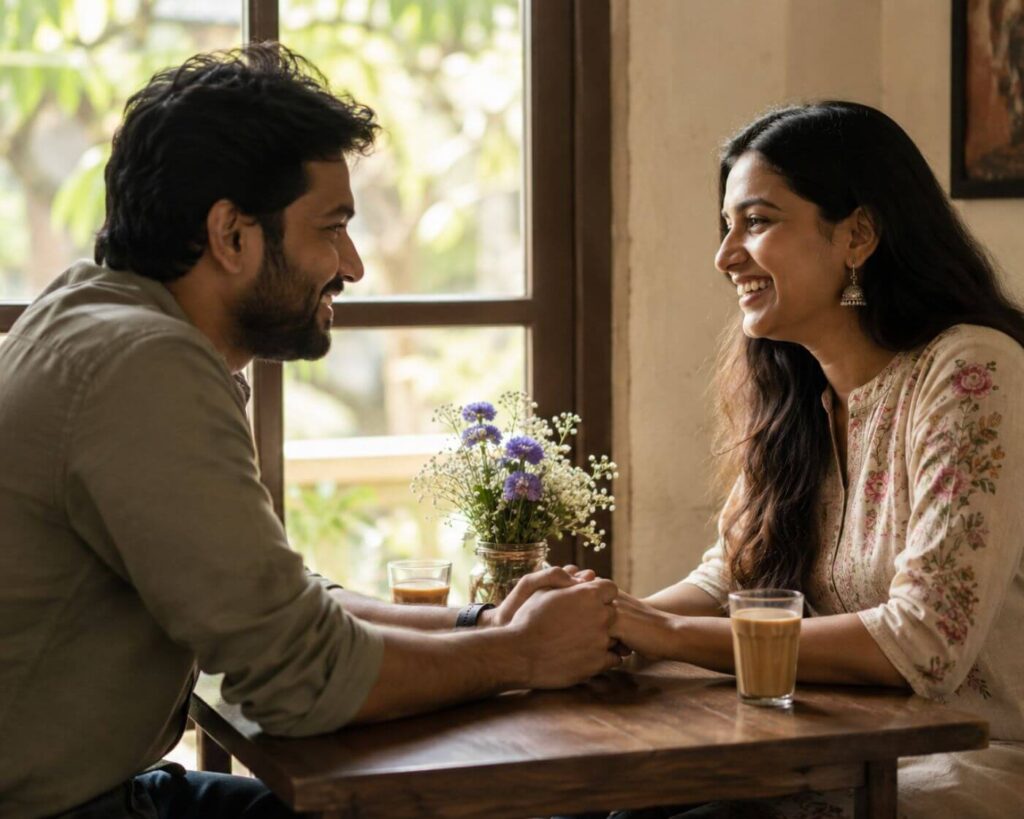 Anniversary Wishes: 250+ Heartfelt Messages, Quotes and Greetings for Every Relationship 14 Indian couple holding hands while reading the best anniversary wishes together
