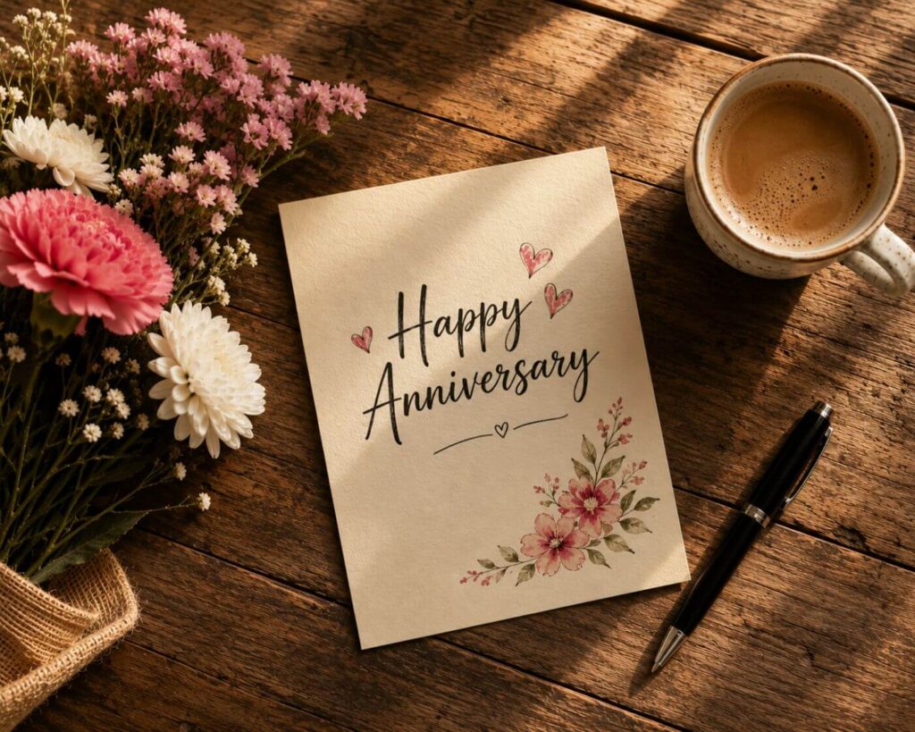 Anniversary Wishes: 250+ Heartfelt Messages, Quotes and Greetings for Every Relationship 15 Handwritten happy anniversary wishes card placed beside flowers and coffee