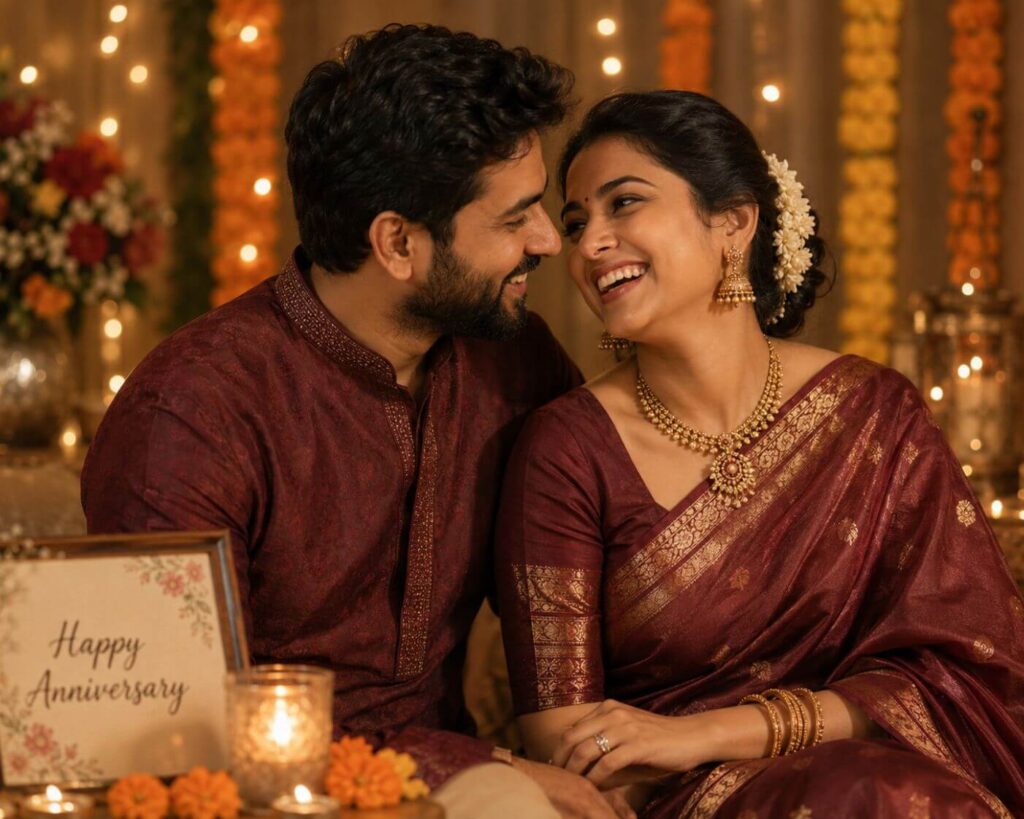 Anniversary Wishes: 250+ Heartfelt Messages, Quotes and Greetings for Every Relationship 16 Indian couple celebrating with wedding anniversary wishes and traditional outfits