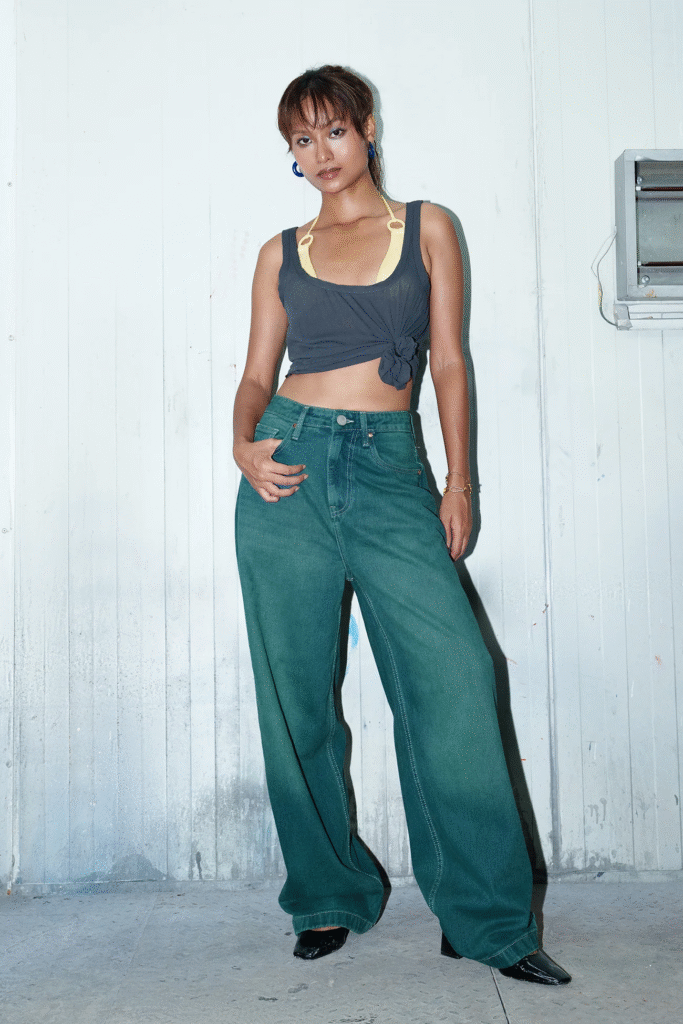 vivid green women's baggy straight jeans