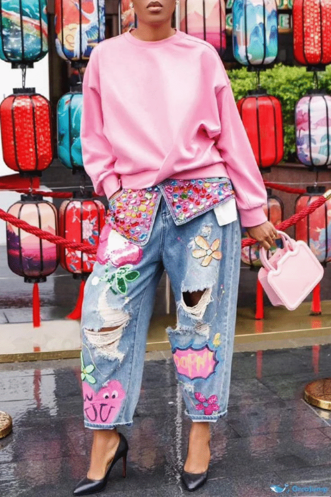 Embellished and Patchwork Jeans