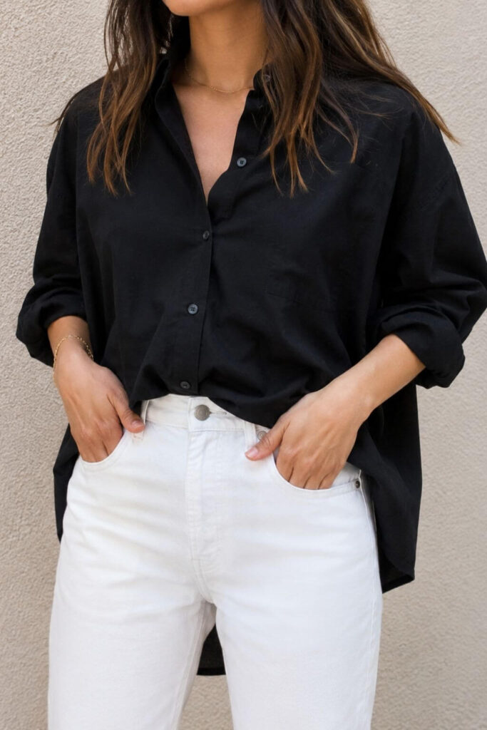 Black Shirt Combinations: 15+ Stylish Outfit Ideas That Always Work 19 How to style a black shirt with French tuck into white jeans outfit