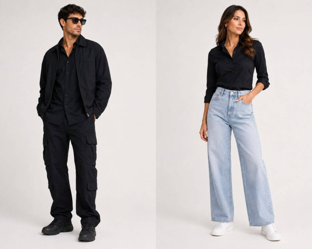 Black Shirt Combinations: 15+ Stylish Outfit Ideas That Always Work 18 Trending black shirt outfit combinations 2025 tonal layering and barrel jeans